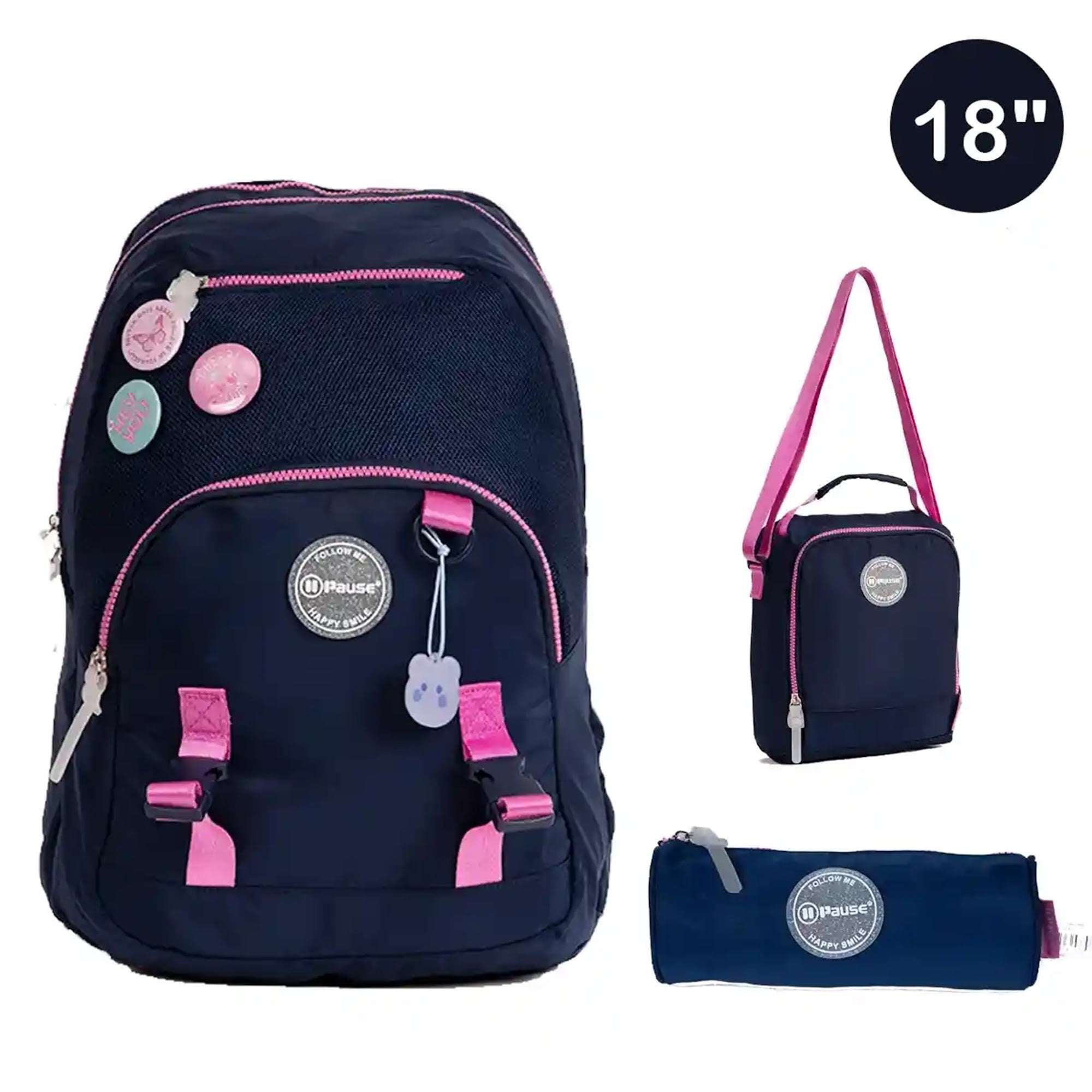 Backpack 2 Main Compartments 1 Front Pocket,1TopZipper and 2 Side Pockets 18" W/ LUNCHBAG&PENCILCASE